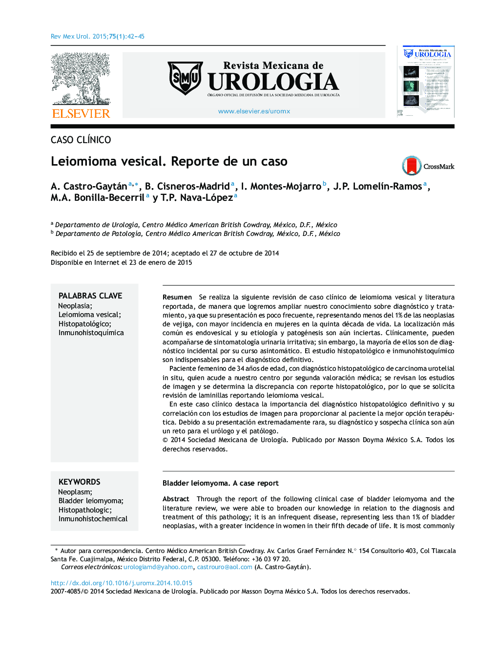 Leiomioma vesical. Reporte de un caso