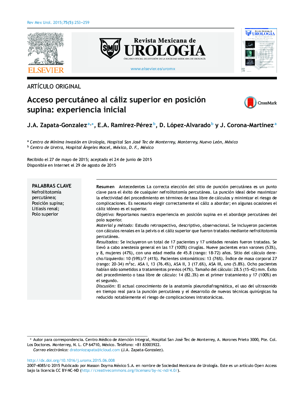 Acceso percutáneo al cáliz superior en posición supina: experiencia inicial