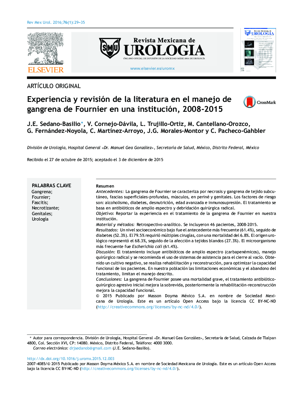 Experiencia y revisión de la literatura en el manejo de gangrena de Fournier en una institución, 2008-2015