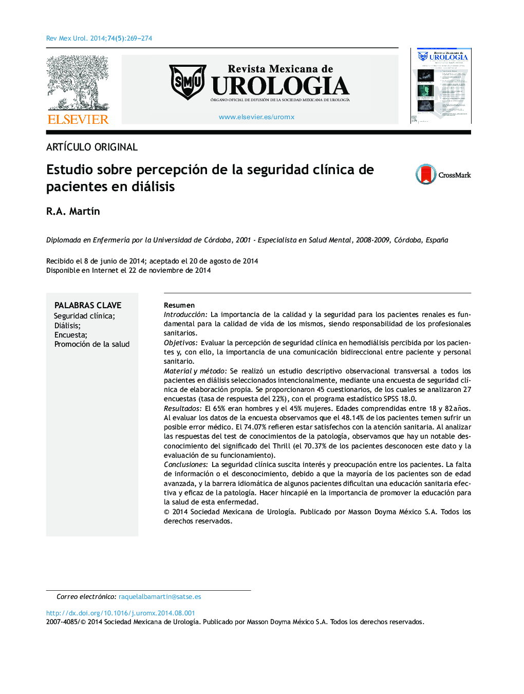 Estudio sobre percepción de la seguridad clínica de pacientes en diálisis