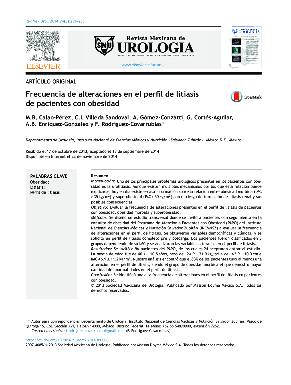 Frecuencia de alteraciones en el perfil de litiasis de pacientes con obesidad