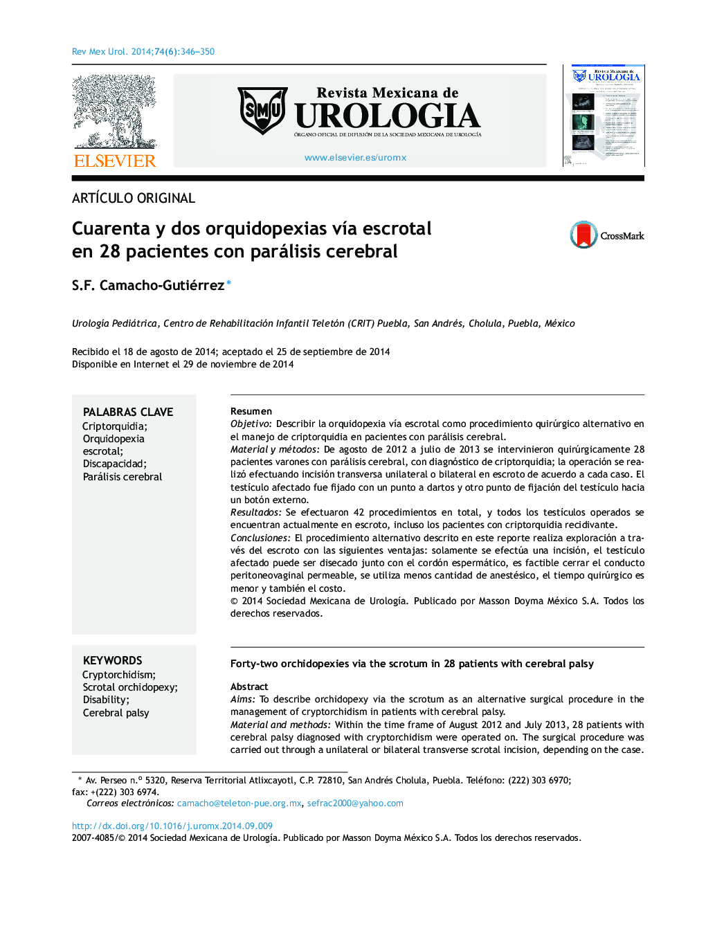 Cuarenta y dos orquidopexias vía escrotal en 28 pacientes con parálisis cerebral