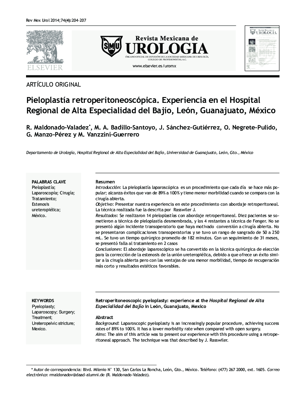 Pieloplastía retroperitoneoscópica. Experiencia en el Hospital Regional de Alta Especialidad del Bajío, León, Guanajuato, México