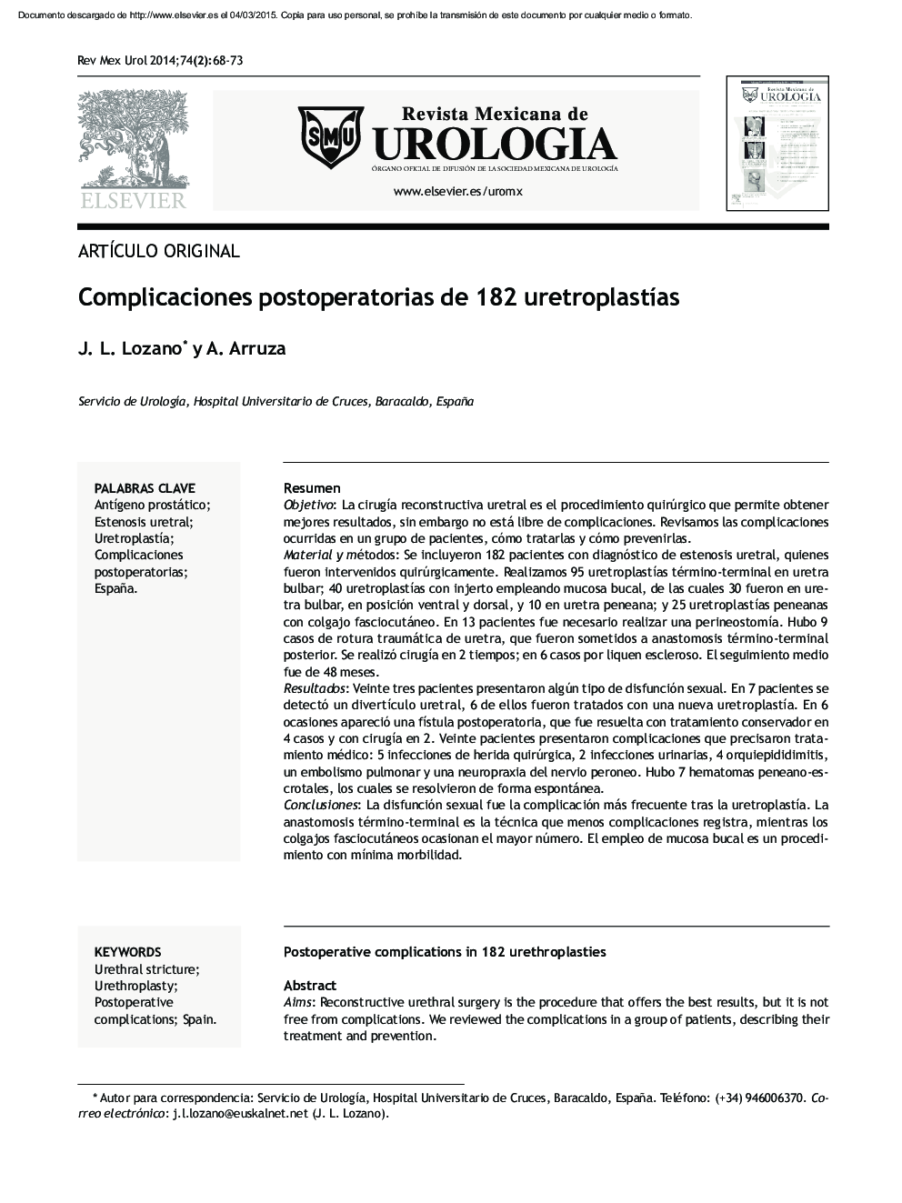 Complicaciones postoperatorias de 182 uretroplastías