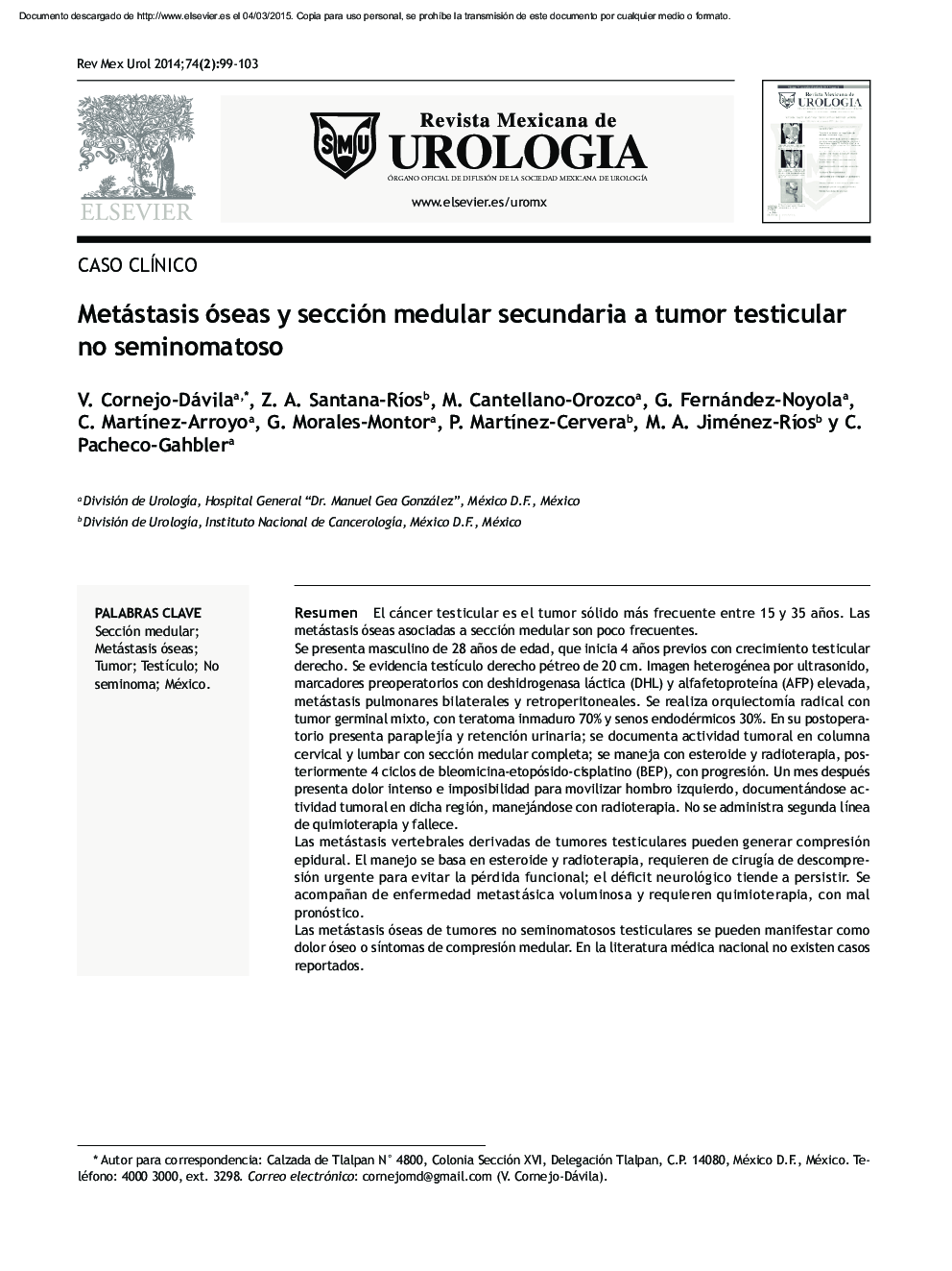 Metástasis óseas y sección medular secundaria a tumor testicular no seminomatoso