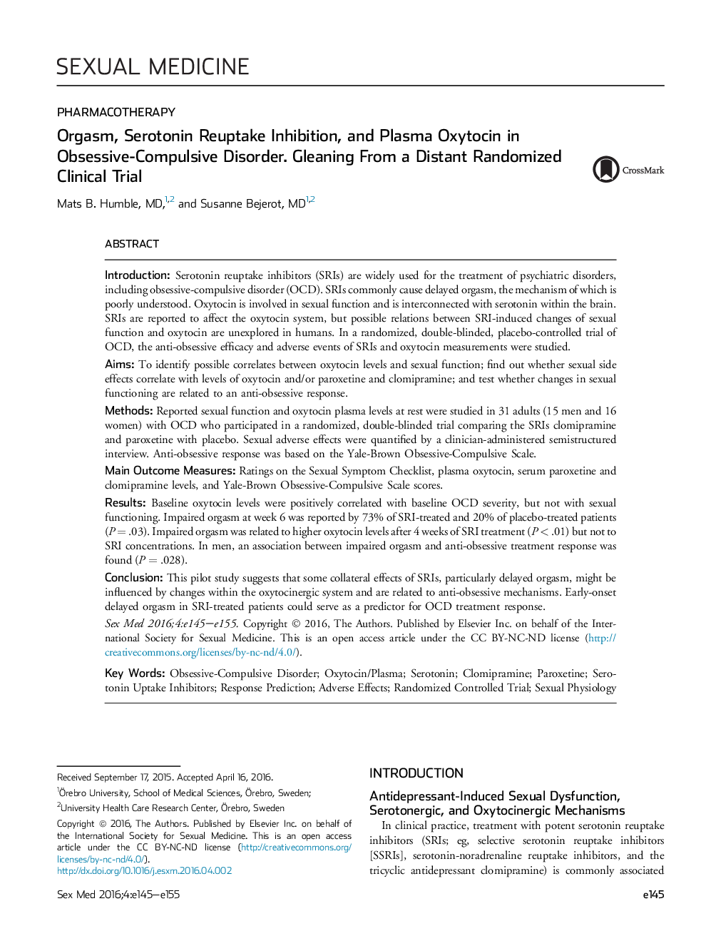 Orgasm, Serotonin Reuptake Inhibition, and Plasma Oxytocin in Obsessive-Compulsive Disorder. Gleaning From a Distant Randomized Clinical Trial 