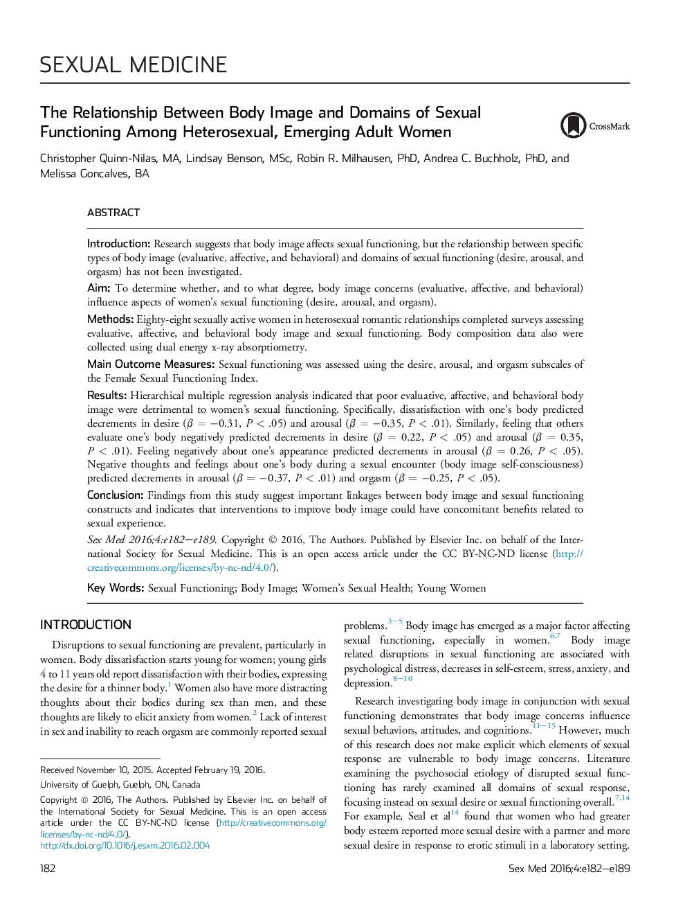 The Relationship Between Body Image and Domains of Sexual Functioning Among Heterosexual, Emerging Adult Women 