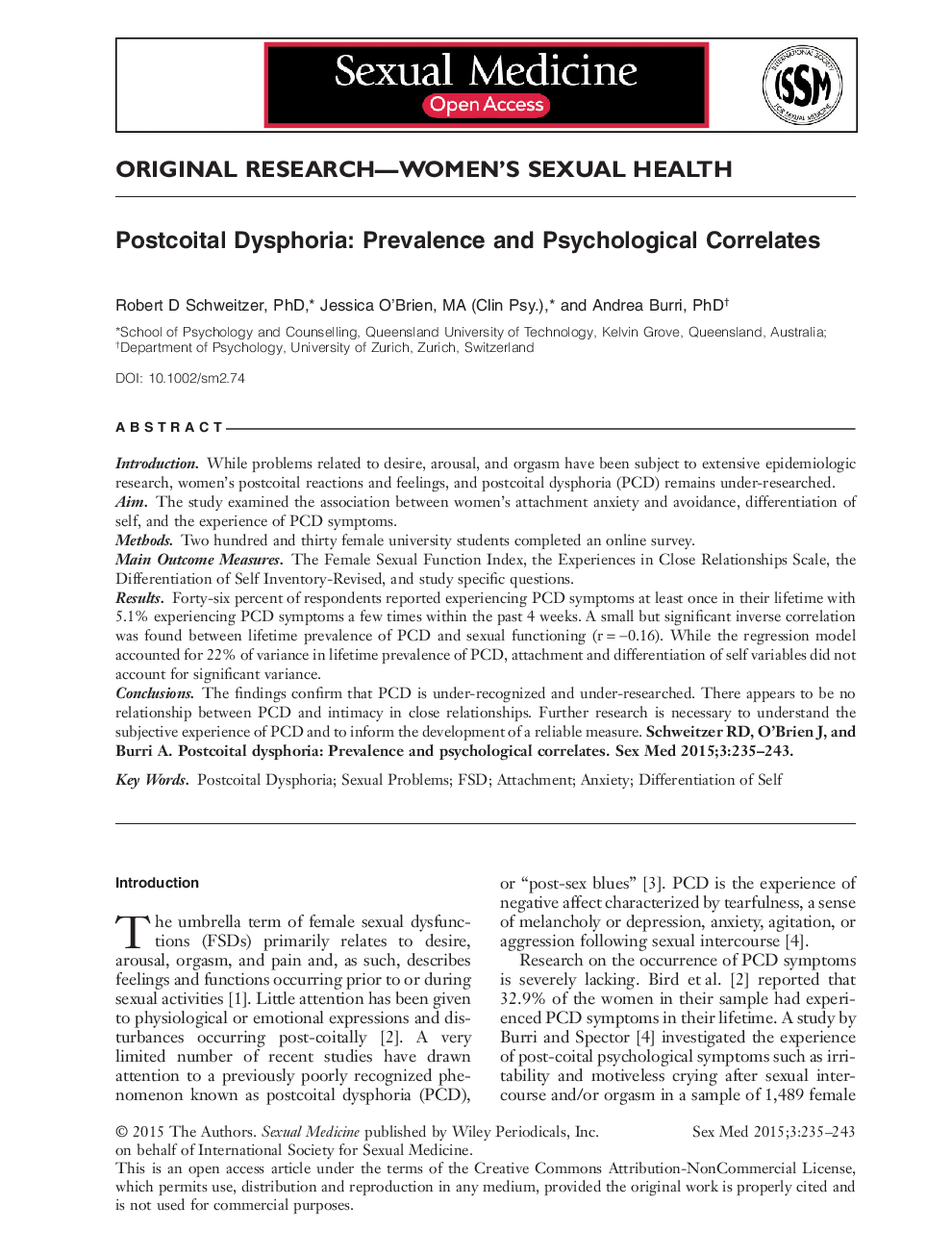 Postcoital Dysphoria: Prevalence and Psychological Correlates 