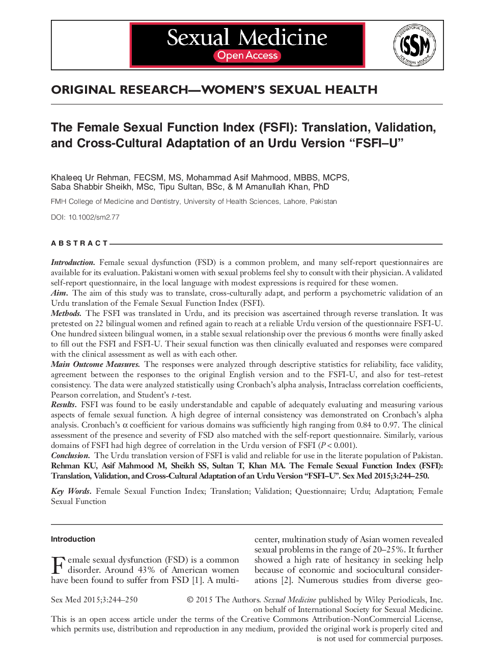 The Female Sexual Function Index (FSFI): Translation, Validation, and Cross‐Cultural Adaptation of an Urdu Version “FSFI–U” 