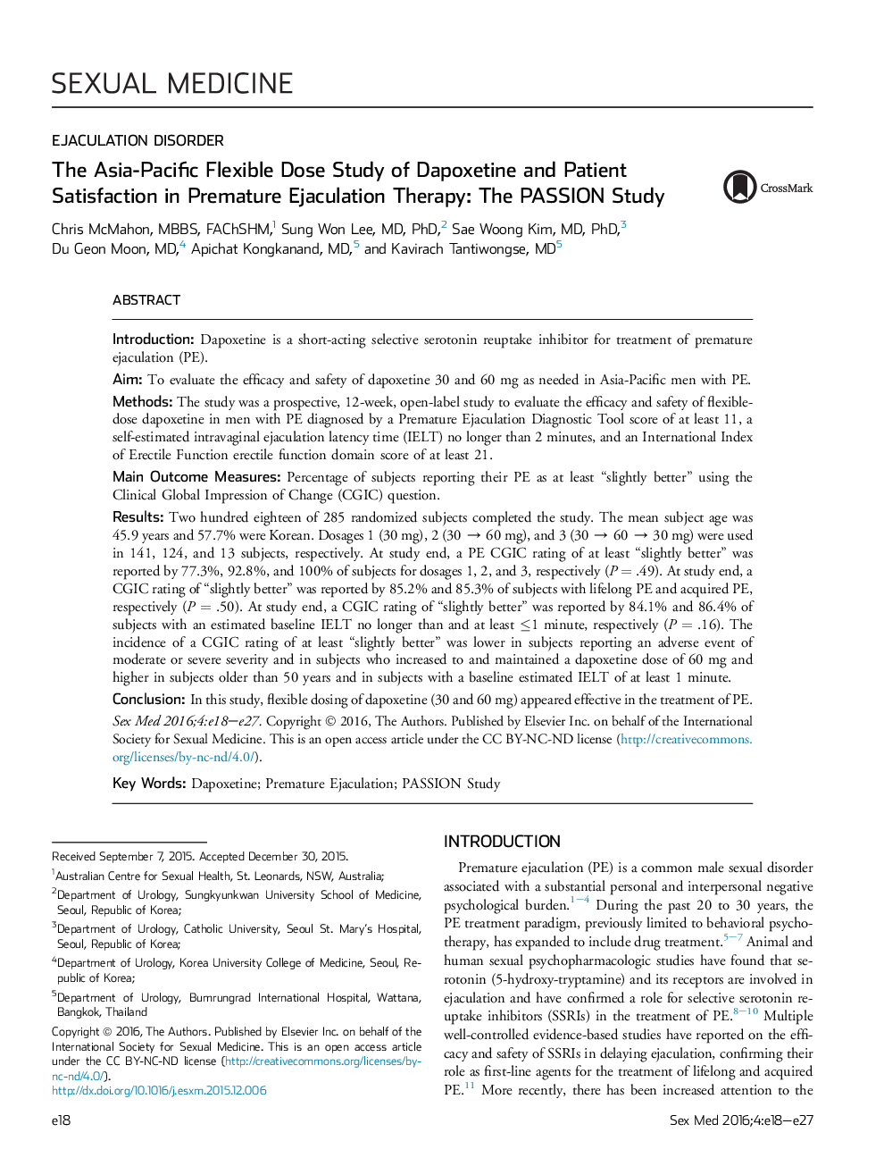 The Asia-Pacific Flexible Dose Study of Dapoxetine and Patient Satisfaction in Premature Ejaculation Therapy: The PASSION Study 