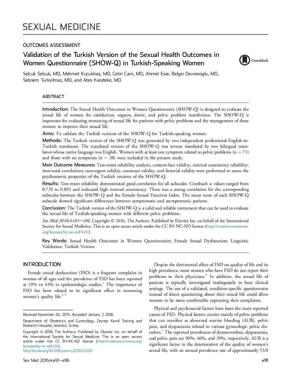 Validation of the Turkish Version of the Sexual Health Outcomes in Women Questionnaire (SHOW-Q) in Turkish-Speaking Women 