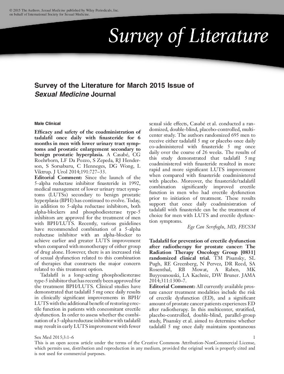 Survey of the Literature for March 2015 Issue of Sexual Medicine Journal