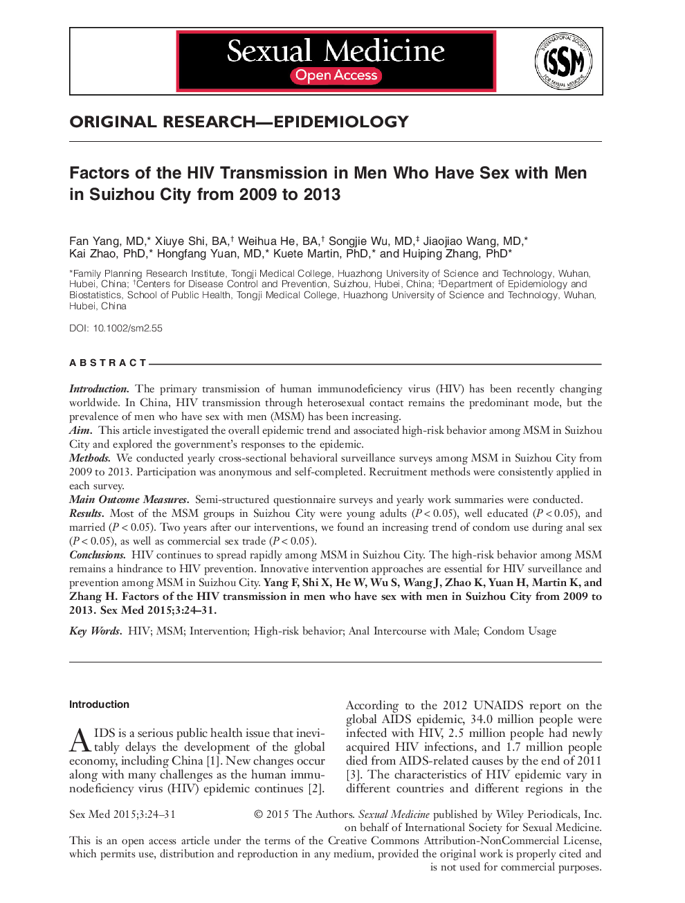 Factors of the HIV Transmission in Men Who Have Sex with Men in Suizhou City from 2009 to 2013 