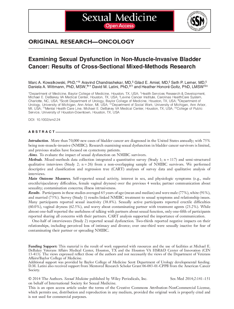 Examining Sexual Dysfunction in Non‐Muscle‐Invasive Bladder Cancer: Results of Cross‐Sectional Mixed‐Methods Research 