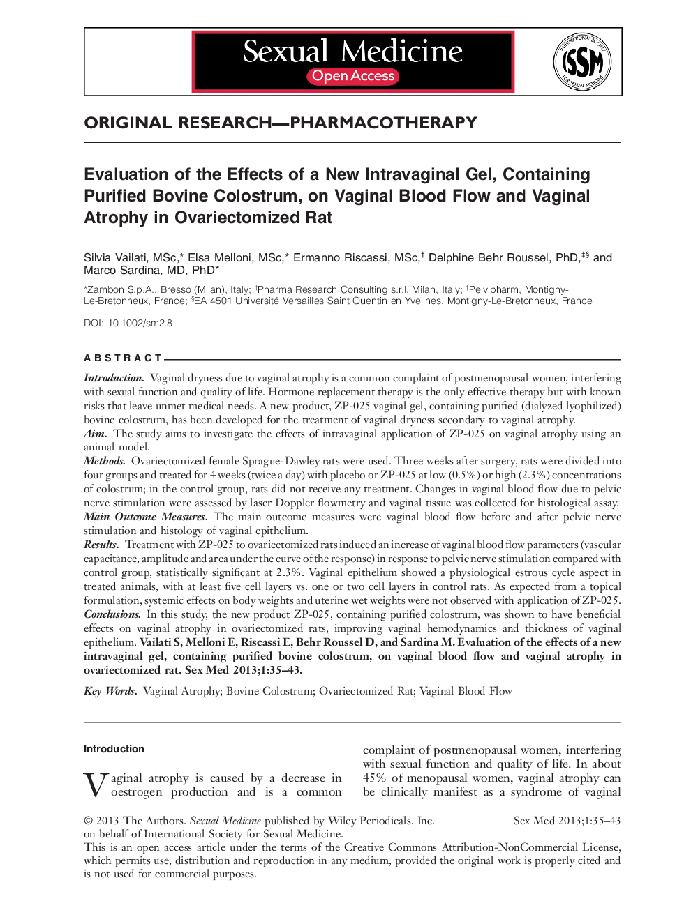 Evaluation of the Effects of a New Intravaginal Gel, Containing Purified Bovine Colostrum, on Vaginal Blood Flow and Vaginal Atrophy in Ovariectomized Rat 