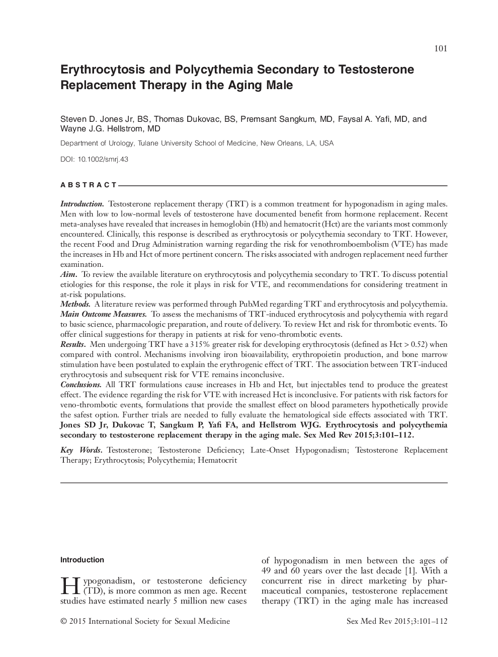 Erythrocytosis and Polycythemia Secondary to Testosterone Replacement Therapy in the Aging Male 