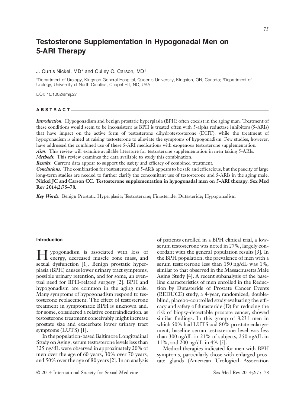 Testosterone Supplementation in Hypogonadal Men on 5âARI Therapy