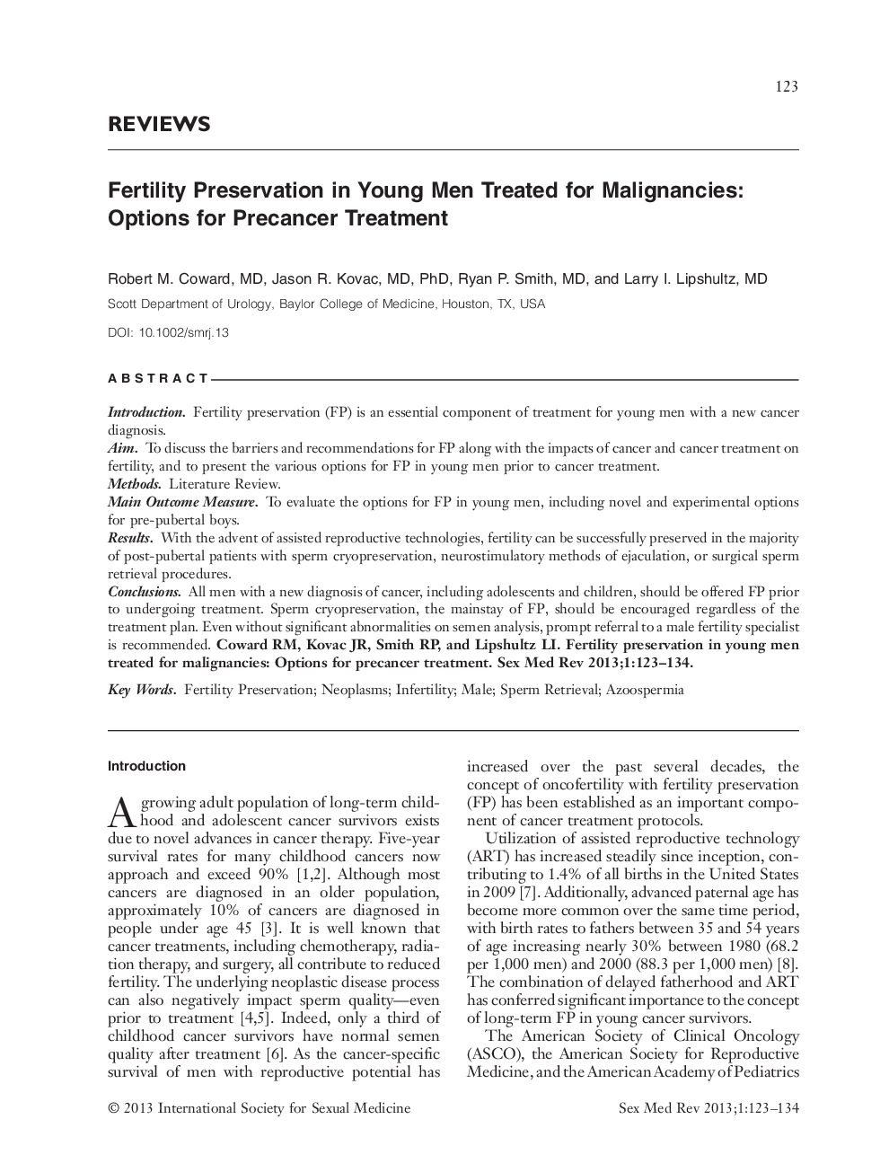 Fertility Preservation in Young Men Treated for Malignancies: Options for Precancer Treatment