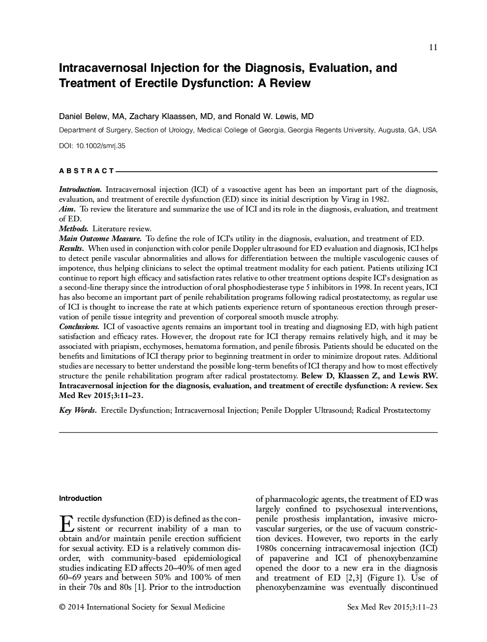 Intracavernosal Injection for the Diagnosis, Evaluation, and Treatment of Erectile Dysfunction: A Review