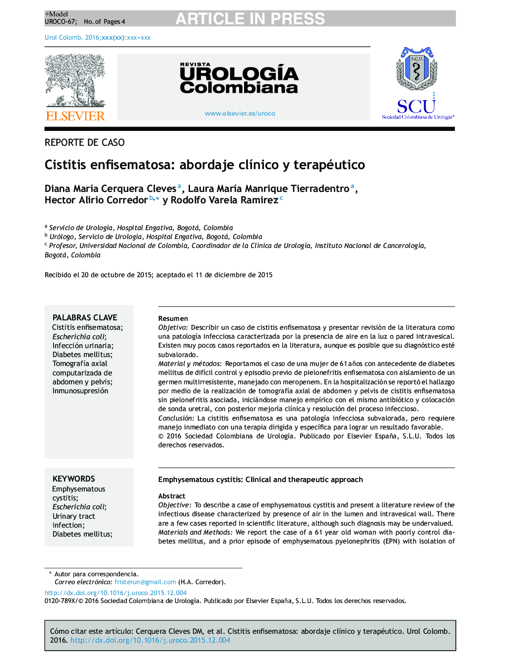 Cistitis enfisematosa: abordaje clÃ­nico y terapéutico