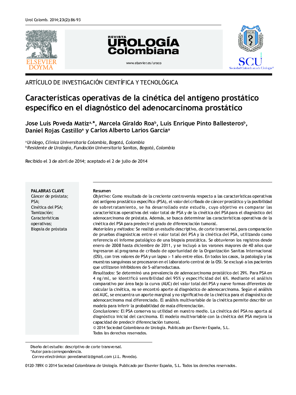 CaracterÃ­sticas operativas de la cinética del antÃ­geno prostático especÃ­fico en el diagnóstico del adenocarcinoma prostático