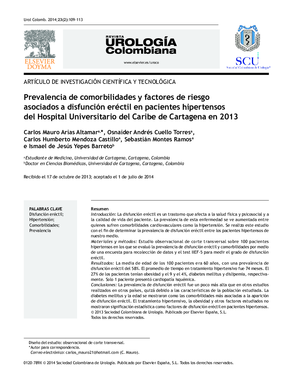Prevalencia de comorbilidades y factores de riesgo asociados a disfunción eréctil en pacientes hipertensos del Hospital Universitario del Caribe de Cartagena en 2013