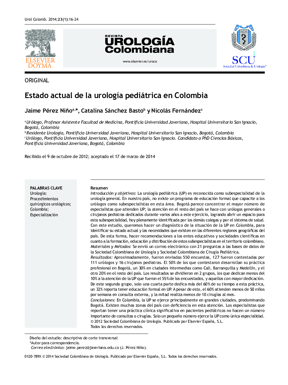 Estado actual de la urologÃ­a pediátrica en Colombia