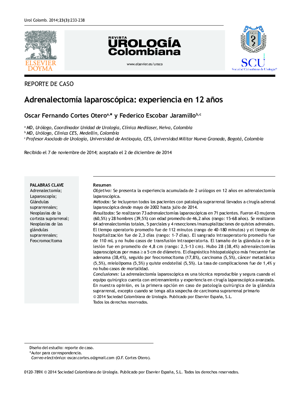 عکس صفحه اول مقاله: AdrenalectomÃa laparoscópica: experiencia en 12 años AdrenalectomÃa laparoscópica: experiencia en 12 años