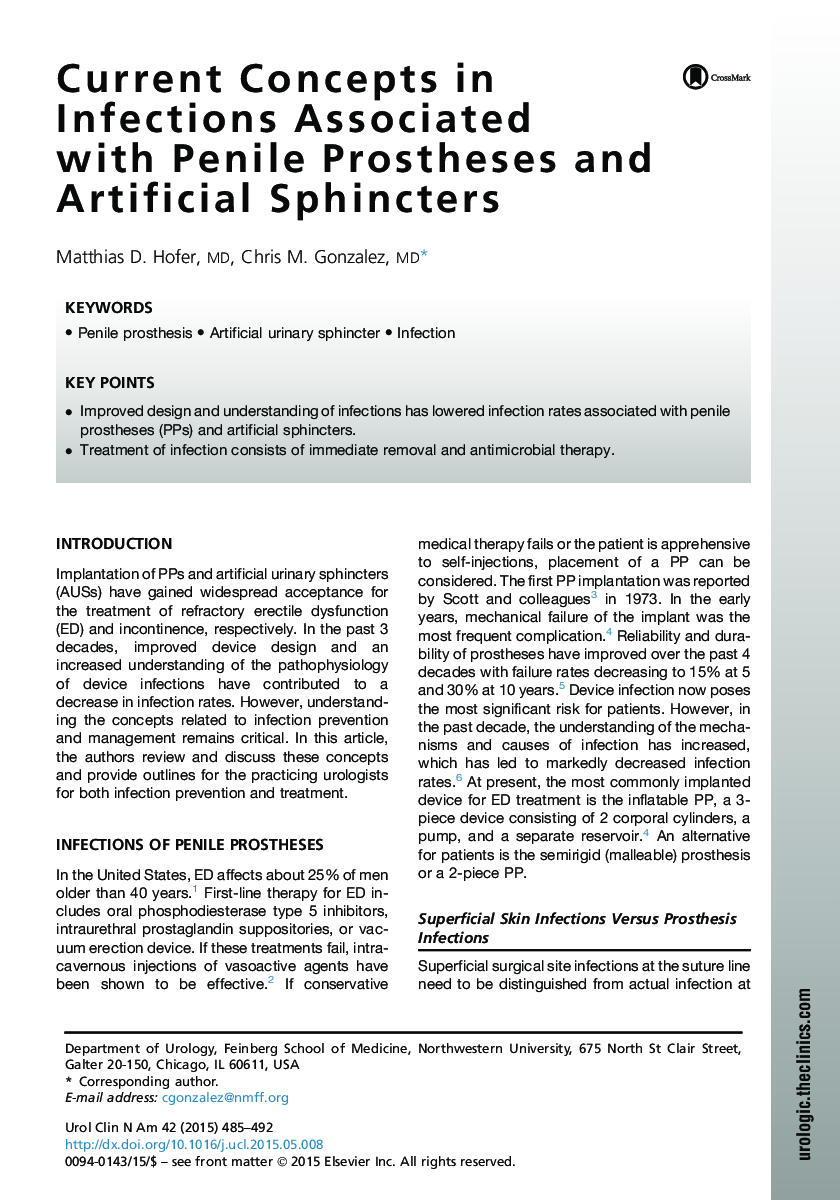 Current Concepts in Infections Associated with Penile Prostheses and Artificial Sphincters