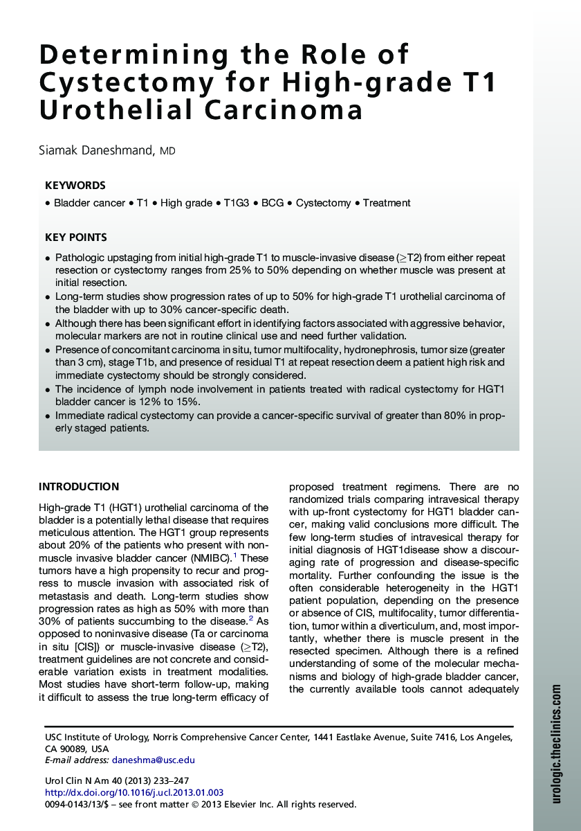 Determining the Role of Cystectomy for High-grade T1 Urothelial Carcinoma