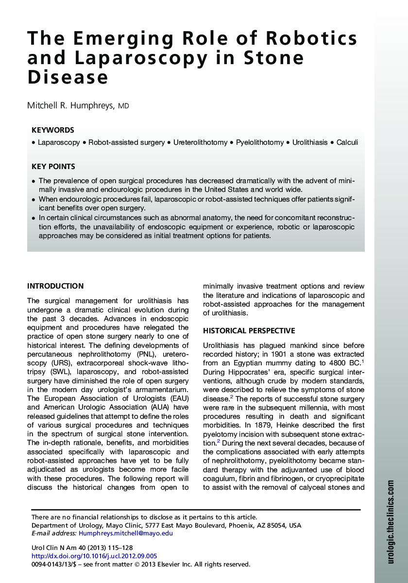 The Emerging Role of Robotics and Laparoscopy in Stone Disease