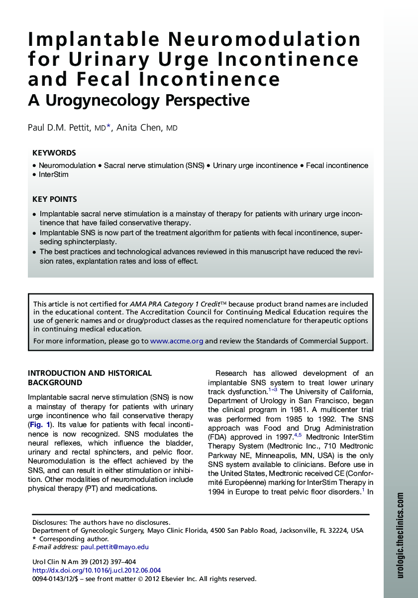 Implantable Neuromodulation for Urinary Urge Incontinence and Fecal Incontinence