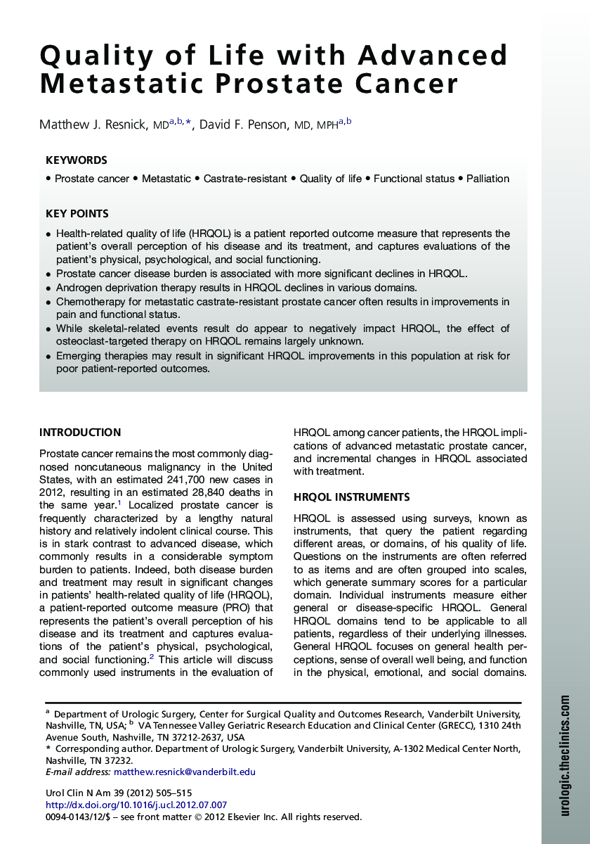 Quality of Life with Advanced Metastatic Prostate Cancer