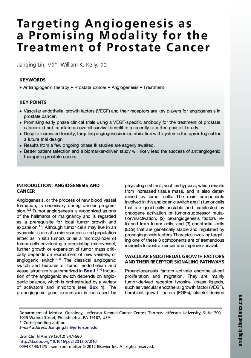 Targeting Angiogenesis as a Promising Modality for the Treatment of Prostate Cancer