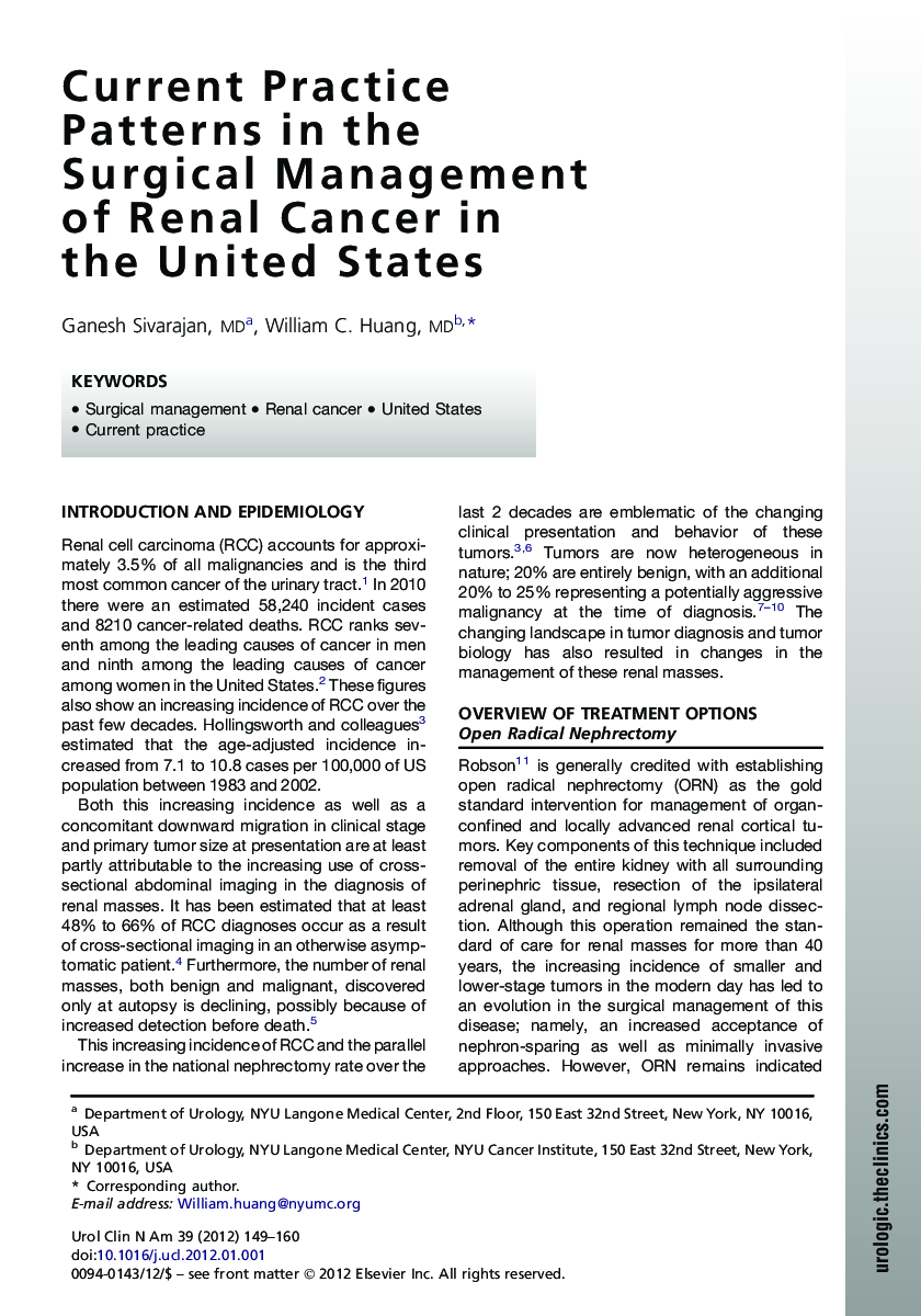 Current Practice Patterns in the Surgical Management of Renal Cancer in the United States