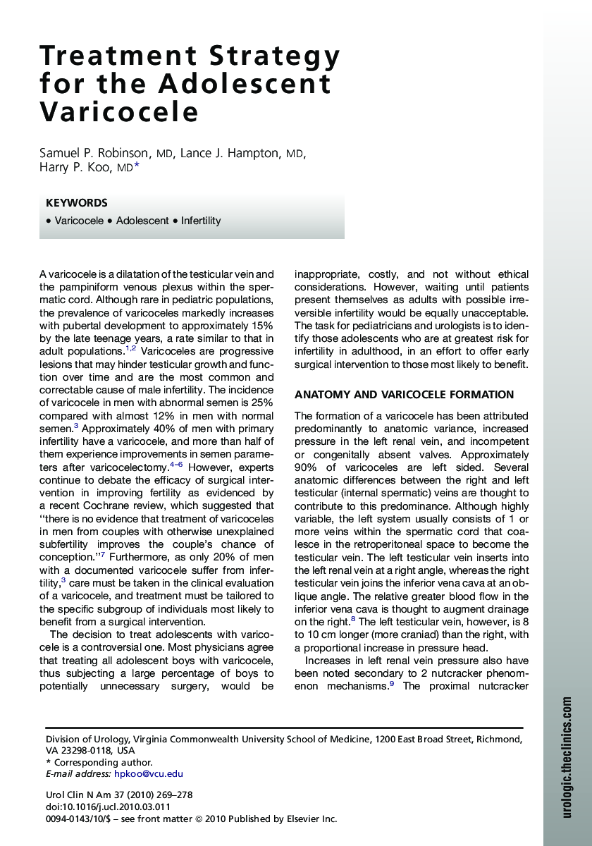 Treatment Strategy for the Adolescent Varicocele