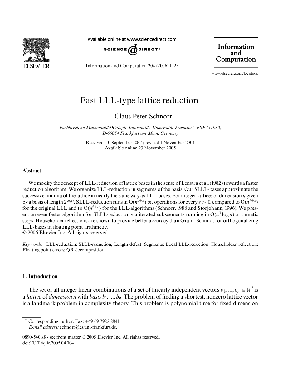 عکس صفحه اول مقاله: Fast LLL-type lattice reduction Fast LLL-type lattice reduction