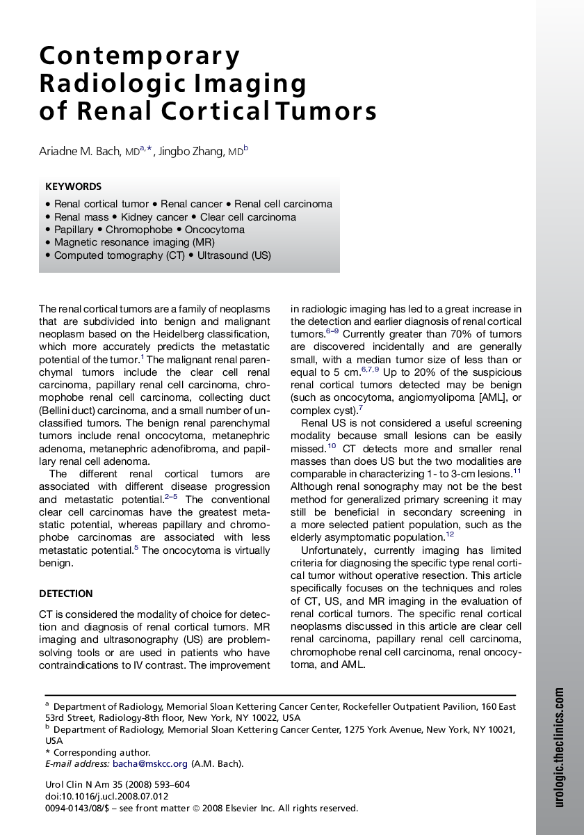 عکس صفحه اول مقاله: Contemporary Radiologic Imaging of Renal Cortical Tumors Contemporary Radiologic Imaging of Renal Cortical Tumors