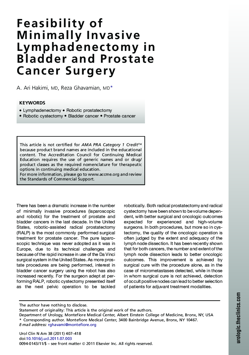 Feasibility of Minimally Invasive Lymphadenectomy in Bladder and Prostate Cancer Surgery