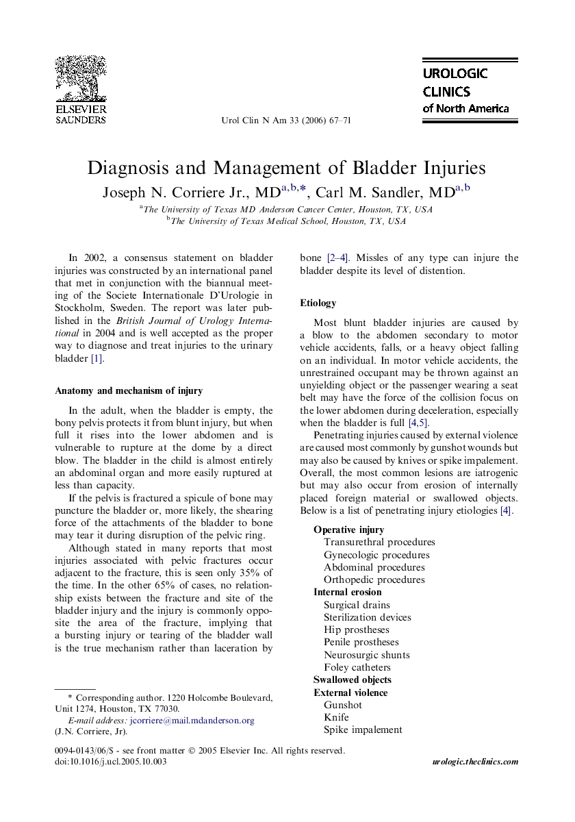 Diagnosis and Management of Bladder Injuries