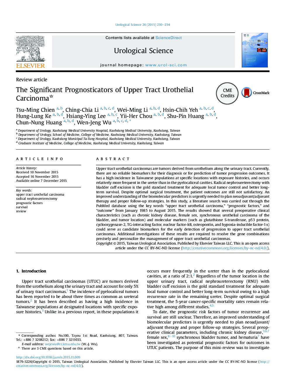 The Significant Prognosticators of Upper Tract Urothelial Carcinoma 