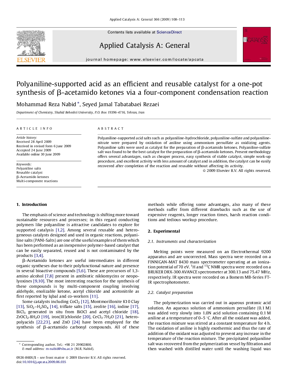 Polyaniline-supported acid as an efficient and reusable catalyst for a one-pot synthesis of β-acetamido ketones via a four-component condensation reaction