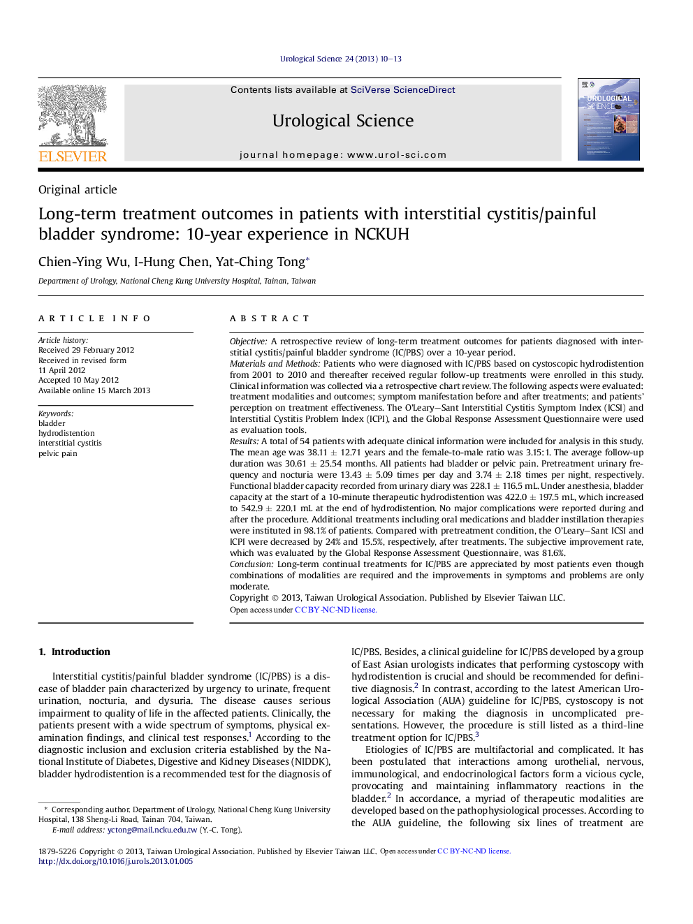 Long-term treatment outcomes in patients with interstitial cystitis/painful bladder syndrome: 10-year experience in NCKUH