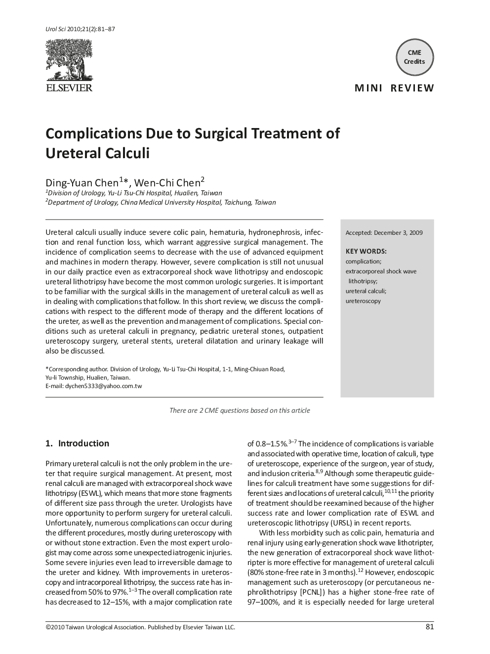 Complications Due to Surgical Treatment of Ureteral Calculi