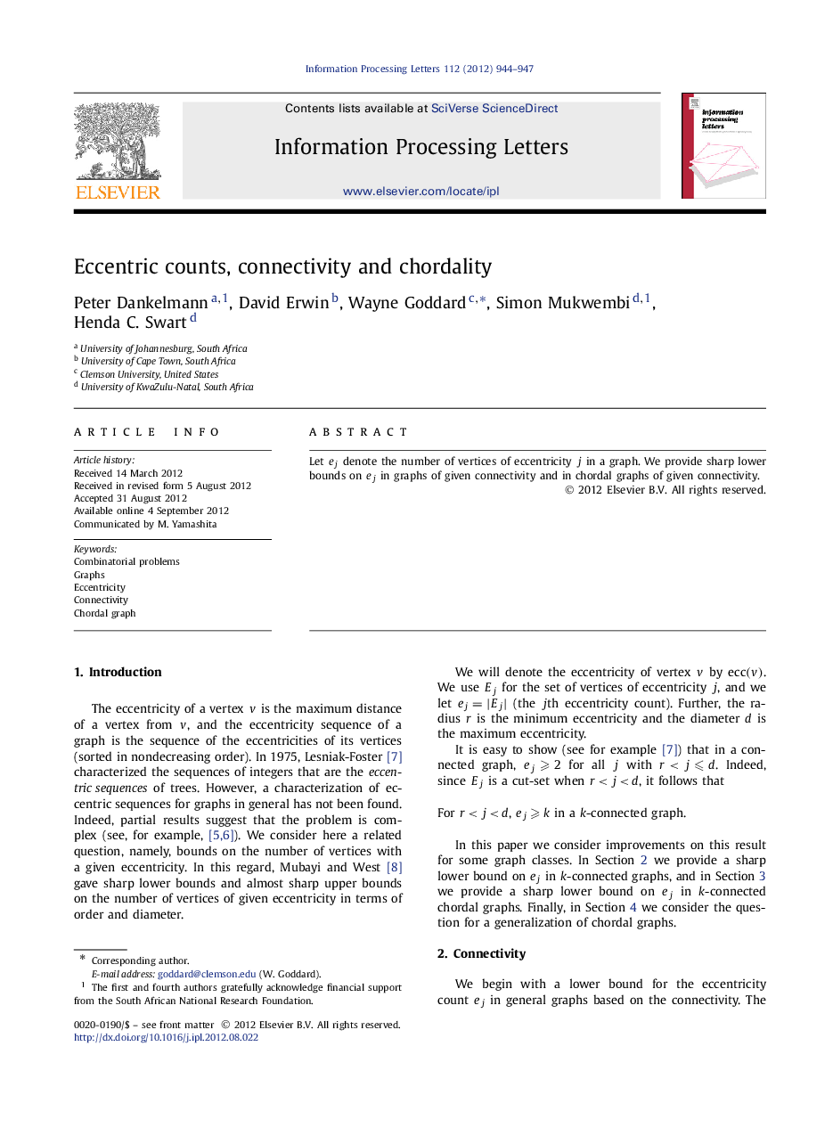 Eccentric counts, connectivity and chordality