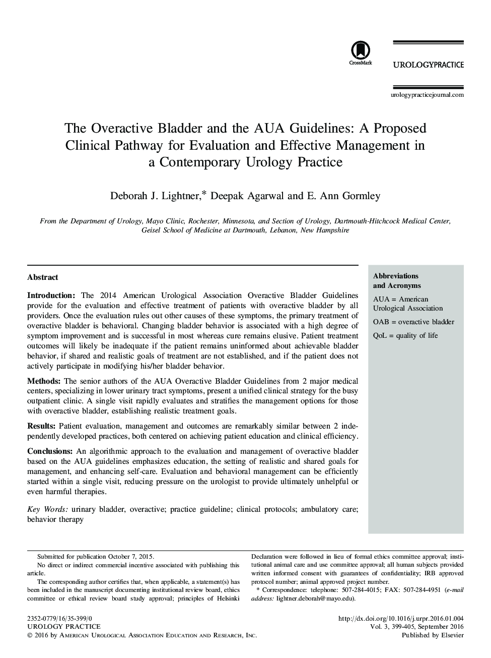 The Overactive Bladder and the AUA Guidelines: A Proposed Clinical Pathway for Evaluation and Effective Management in a Contemporary Urology Practice