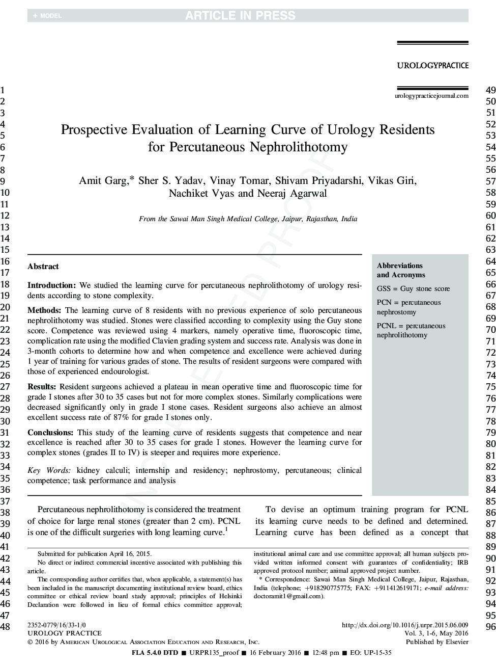 Prospective Evaluation of Learning Curve of Urology Residents for Percutaneous Nephrolithotomy