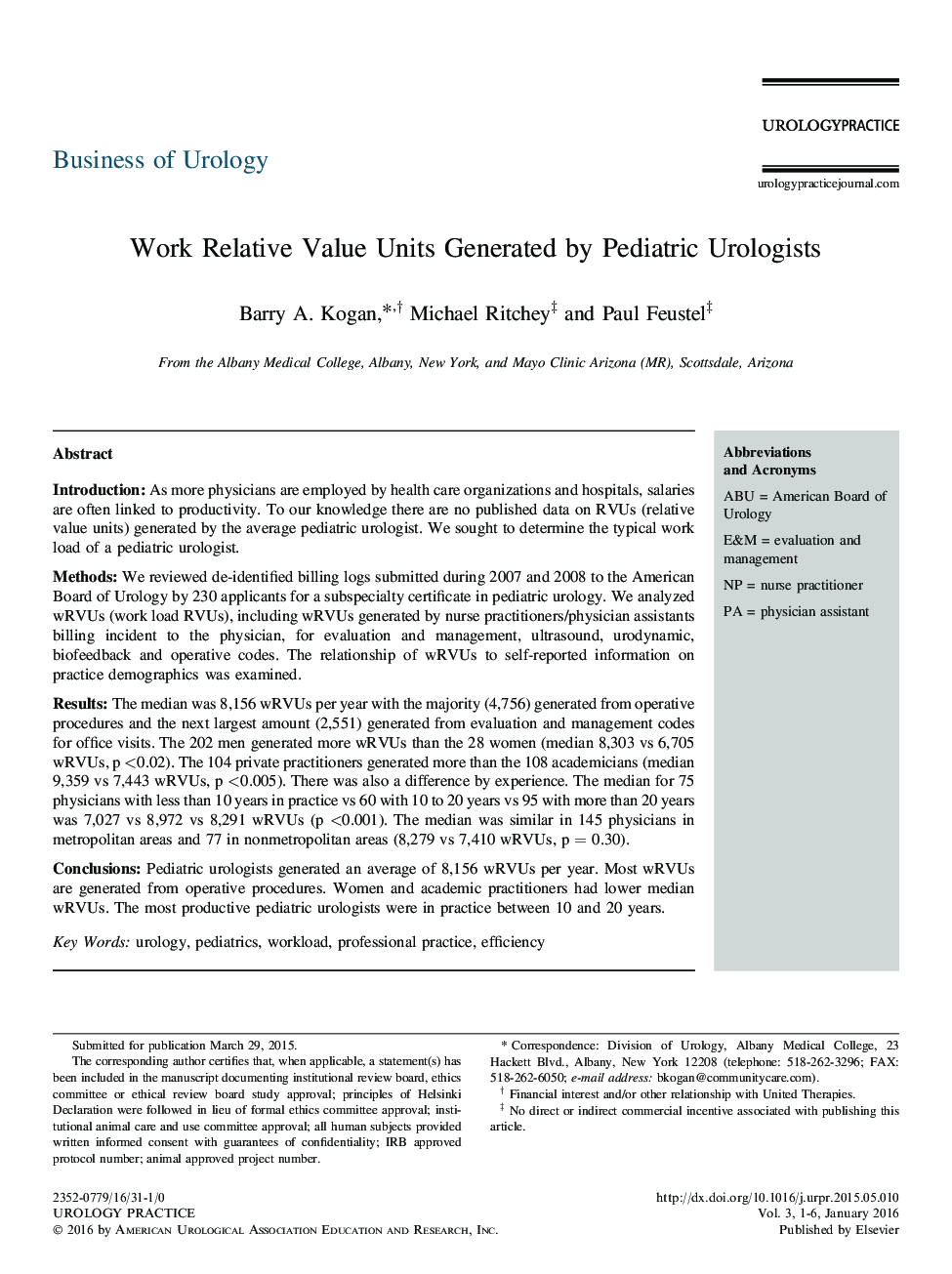 Work Relative Value Units Generated by Pediatric Urologists