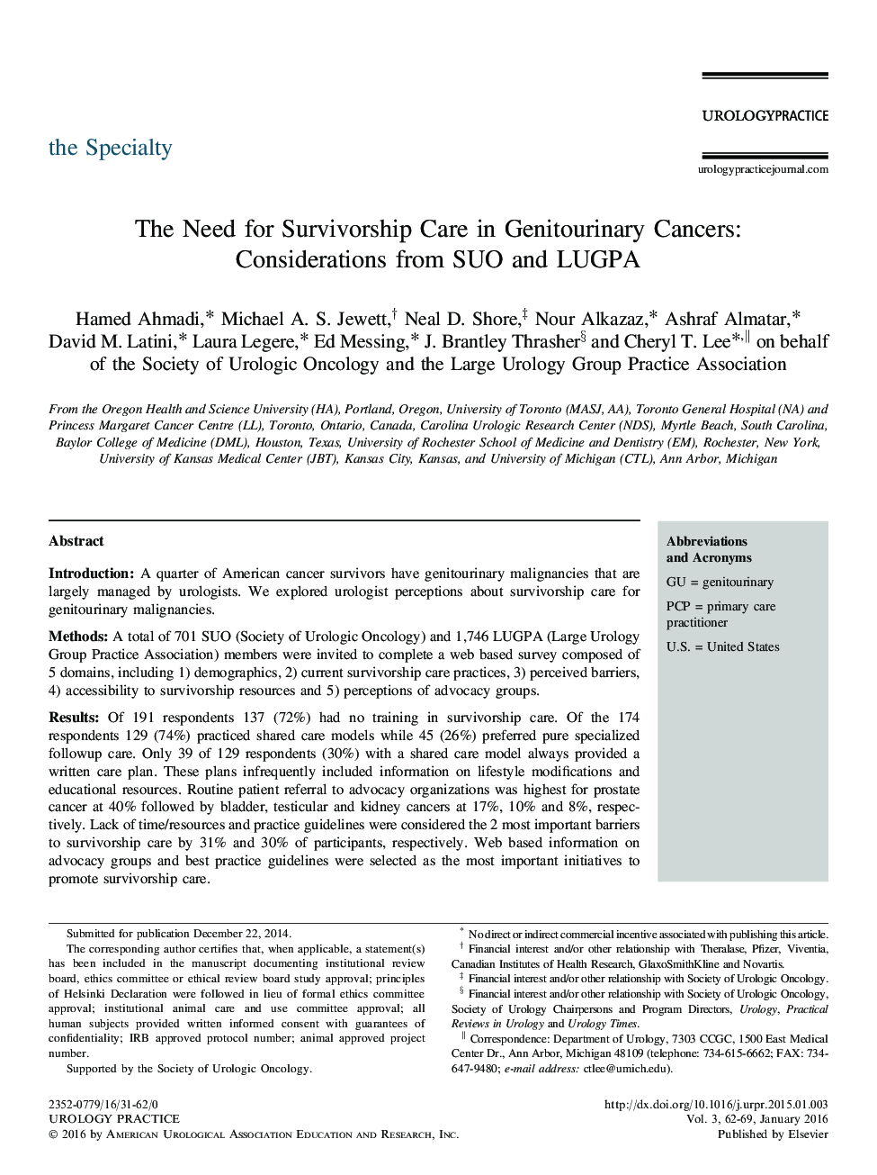 The Need for Survivorship Care in Genitourinary Cancers: Considerations from SUO and LUGPA