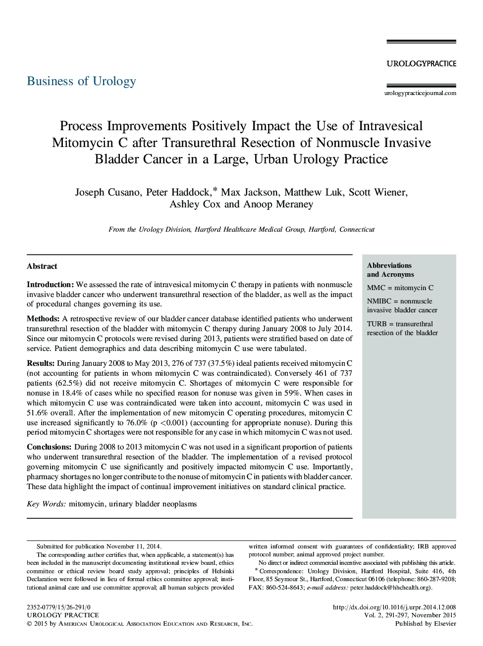 Process Improvements Positively Impact the Use of Intravesical Mitomycin C after Transurethral Resection of Nonmuscle Invasive Bladder Cancer in a Large, Urban Urology Practice